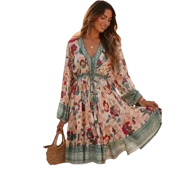 Kaktus Dresses & Skirts - Kaktus Floral Bead Trim Tiered Dress Small Multi Boho Mini Balloon Slv